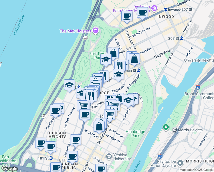 map of restaurants, bars, coffee shops, grocery stores, and more near 11 Hillside Avenue in New York