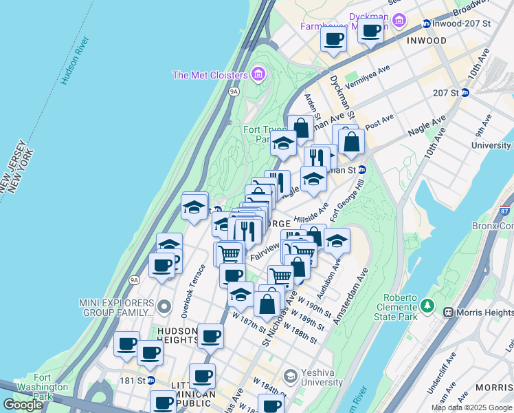 map of restaurants, bars, coffee shops, grocery stores, and more near 4535 Broadway in New York
