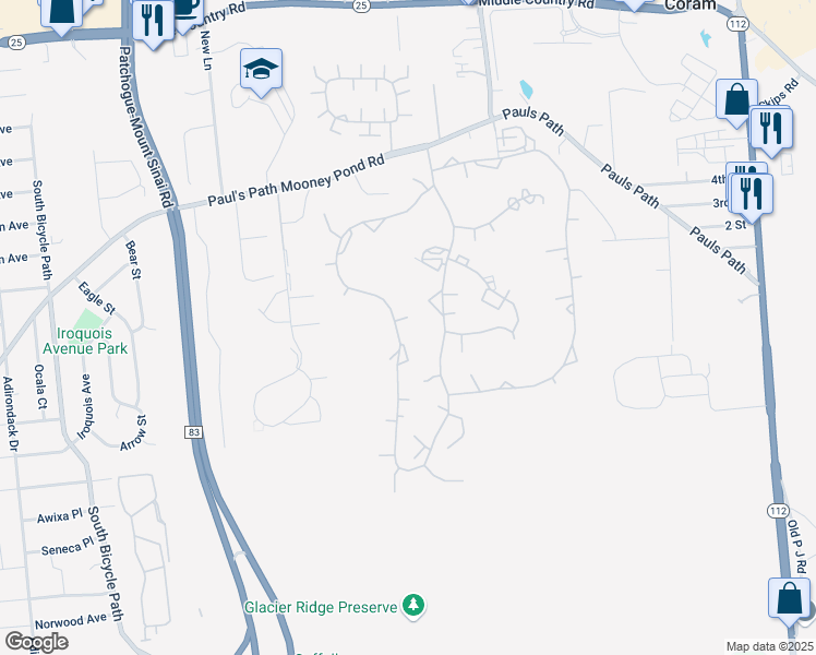 map of restaurants, bars, coffee shops, grocery stores, and more near 207 Skyline Drive in Coram