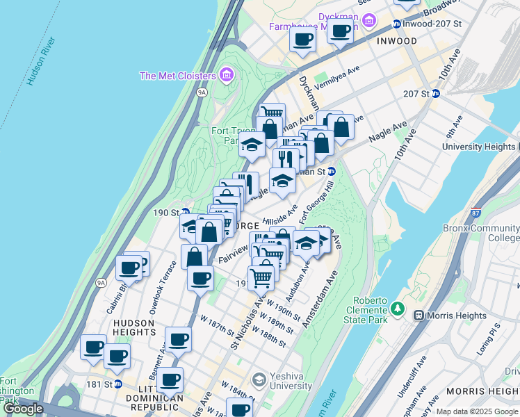 map of restaurants, bars, coffee shops, grocery stores, and more near 64 Hillside Avenue in New York