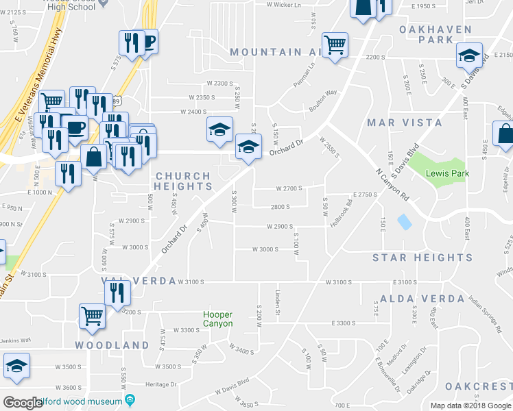 map of restaurants, bars, coffee shops, grocery stores, and more near 192 West 2600 South in Bountiful