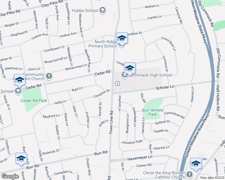 map of restaurants, bars, coffee shops, grocery stores, and more near Town Line Road in Commack