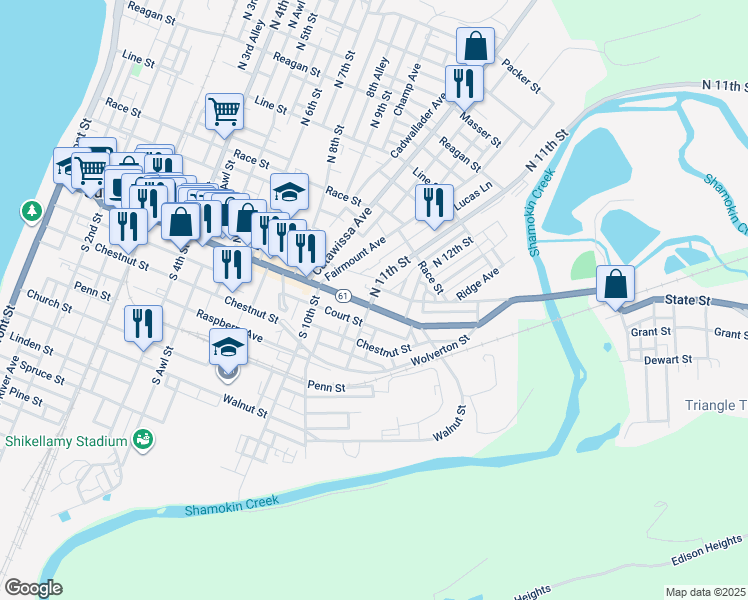 map of restaurants, bars, coffee shops, grocery stores, and more near 1100 Market Street in Sunbury