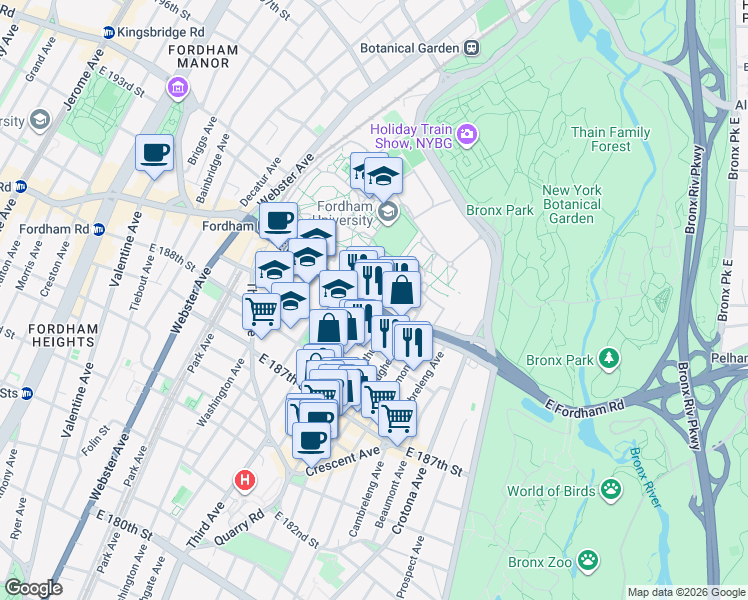 map of restaurants, bars, coffee shops, grocery stores, and more near 2527 Hoffman Street in Bronx