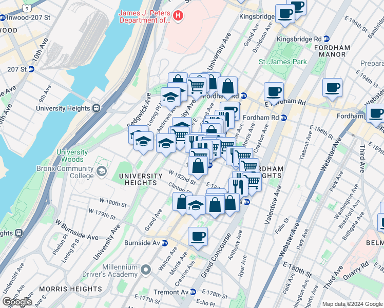 map of restaurants, bars, coffee shops, grocery stores, and more near 2280 Grand Avenue in Bronx