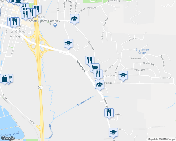 map of restaurants, bars, coffee shops, grocery stores, and more near 801 Crescent Way in Arcata