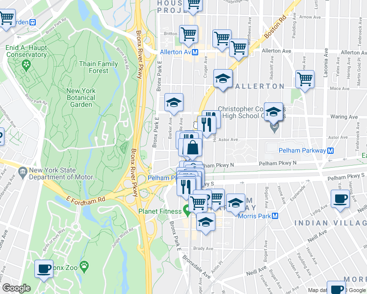 map of restaurants, bars, coffee shops, grocery stores, and more near 660 Thwaites Place in Bronx