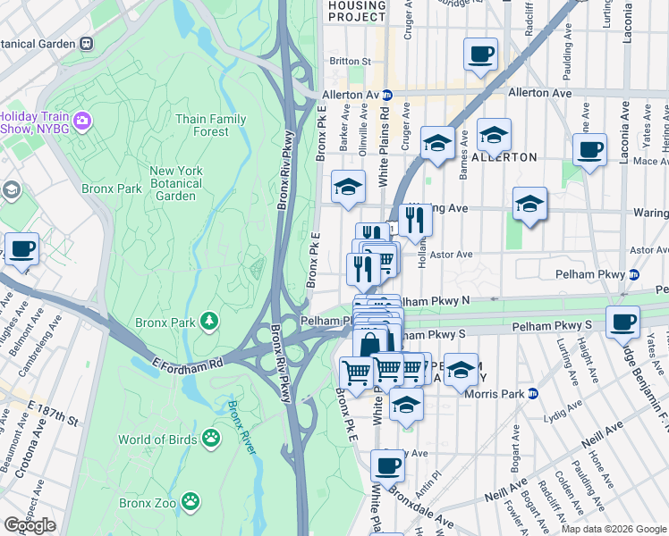 map of restaurants, bars, coffee shops, grocery stores, and more near 2244 Bronx Park East in The Bronx