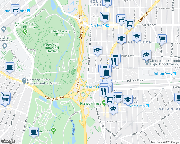 map of restaurants, bars, coffee shops, grocery stores, and more near 2244 Bronx Park East in The Bronx