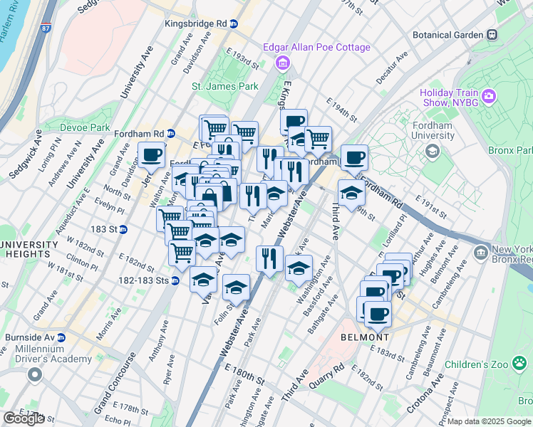 map of restaurants, bars, coffee shops, grocery stores, and more near 333 East 184th Street in The Bronx
