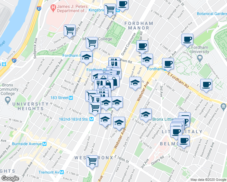 map of restaurants, bars, coffee shops, grocery stores, and more near in The Bronx
