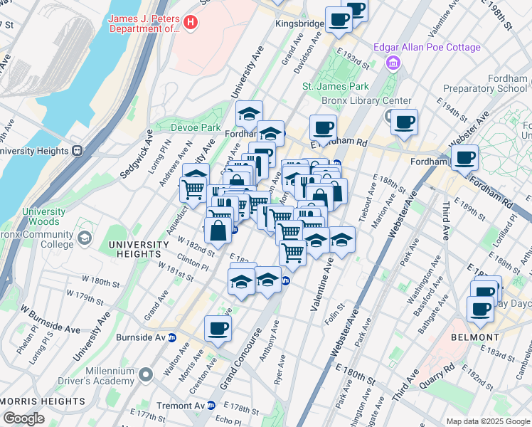 map of restaurants, bars, coffee shops, grocery stores, and more near 2301 Morris Avenue in Bronx
