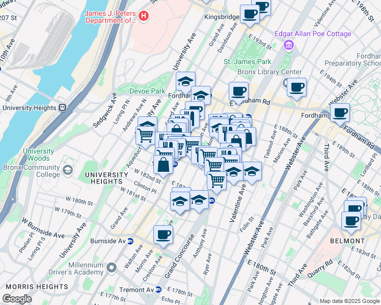 map of restaurants, bars, coffee shops, grocery stores, and more near 2301 Morris Avenue in Bronx