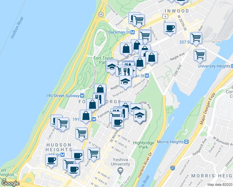 map of restaurants, bars, coffee shops, grocery stores, and more near 64 Hillside Avenue in New York