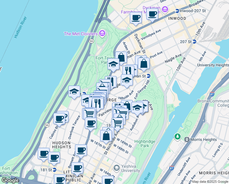 map of restaurants, bars, coffee shops, grocery stores, and more near 11 Hillside Avenue in New York