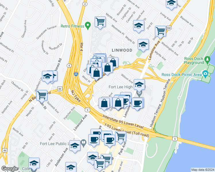 map of restaurants, bars, coffee shops, grocery stores, and more near 2191 Mackay Avenue in Fort Lee