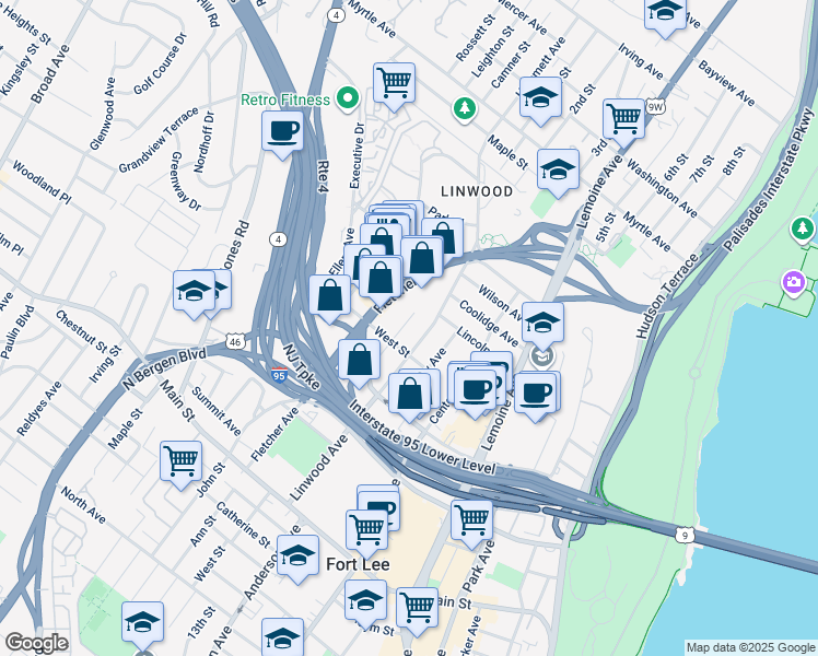 map of restaurants, bars, coffee shops, grocery stores, and more near 2160 South Street in Fort Lee