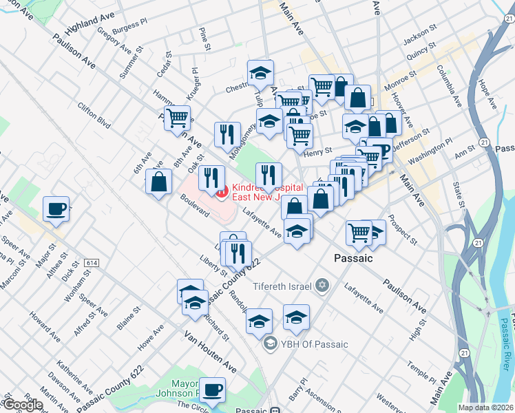 map of restaurants, bars, coffee shops, grocery stores, and more near 354 Lafayette Avenue in Passaic