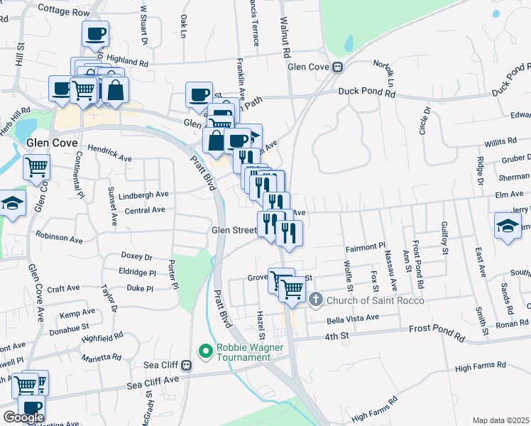 map of restaurants, bars, coffee shops, grocery stores, and more near 290 Glen Street in Glen Cove