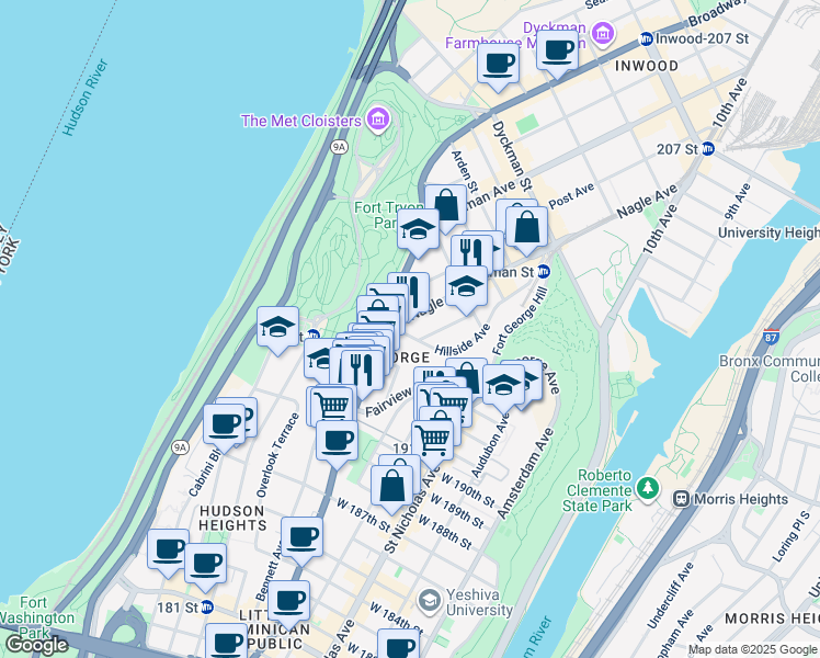 map of restaurants, bars, coffee shops, grocery stores, and more near 11 Hillside Avenue in New York