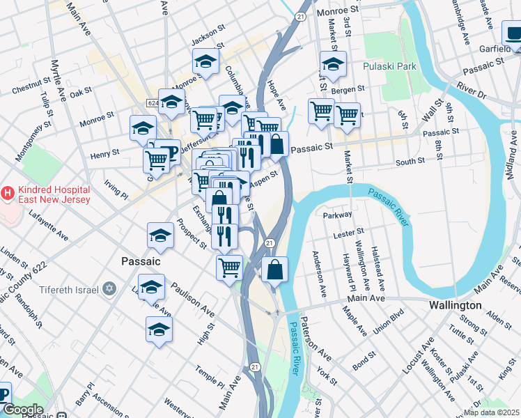 map of restaurants, bars, coffee shops, grocery stores, and more near Aspen Place in Passaic