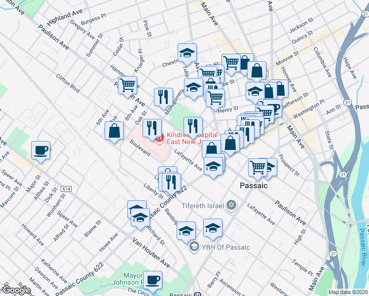 map of restaurants, bars, coffee shops, grocery stores, and more near 354 Lafayette Avenue in Passaic