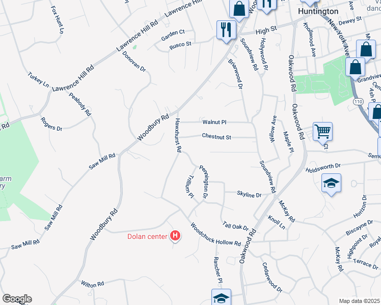 map of restaurants, bars, coffee shops, grocery stores, and more near 3 Pennington Drive in Huntington