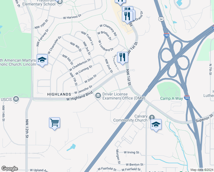 map of restaurants, bars, coffee shops, grocery stores, and more near 4701 Innovation Drive in Lincoln