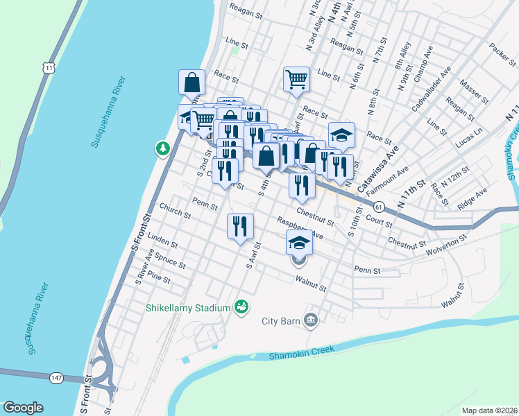 map of restaurants, bars, coffee shops, grocery stores, and more near 140 South 4th Street in Sunbury