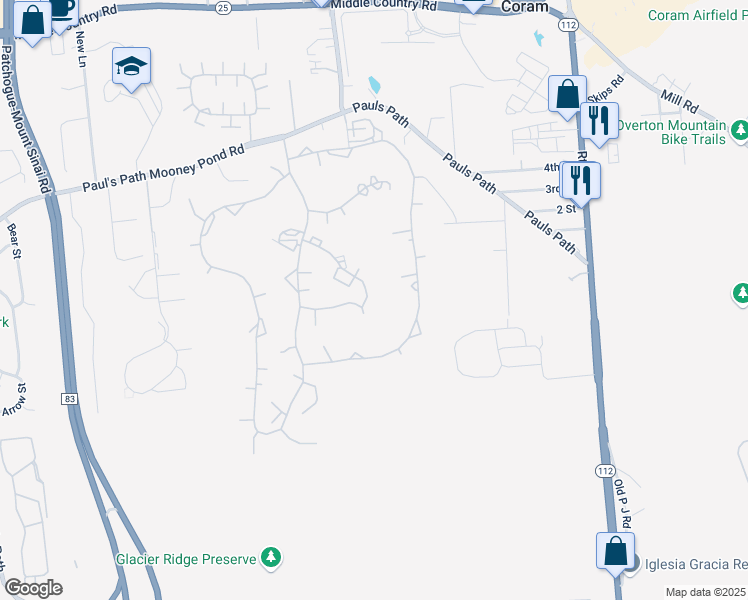 map of restaurants, bars, coffee shops, grocery stores, and more near 733 Hilltop Court in Coram