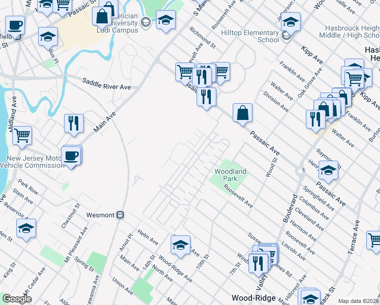 map of restaurants, bars, coffee shops, grocery stores, and more near 54 Wesmont Drive in Wood-Ridge