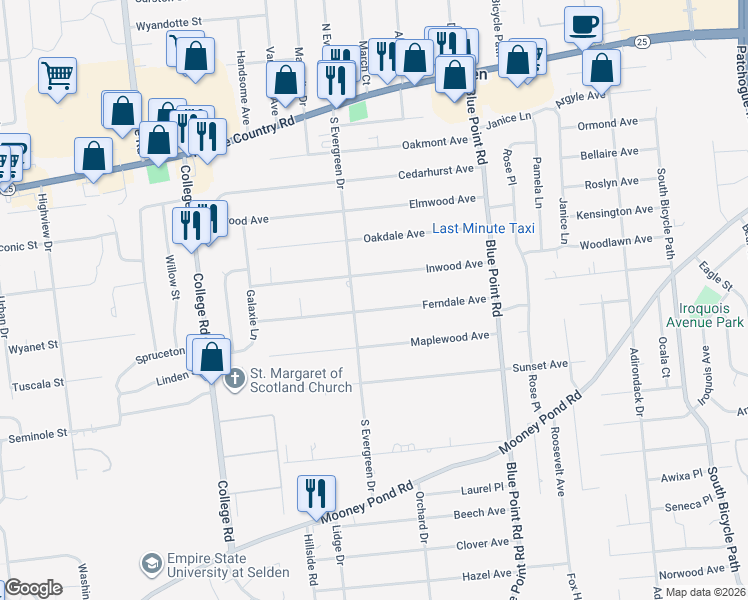 map of restaurants, bars, coffee shops, grocery stores, and more near 56 Ferndale Avenue in Selden