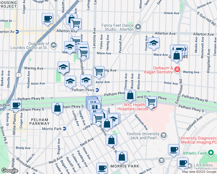 map of restaurants, bars, coffee shops, grocery stores, and more near 2201 Hering Avenue in Bronx