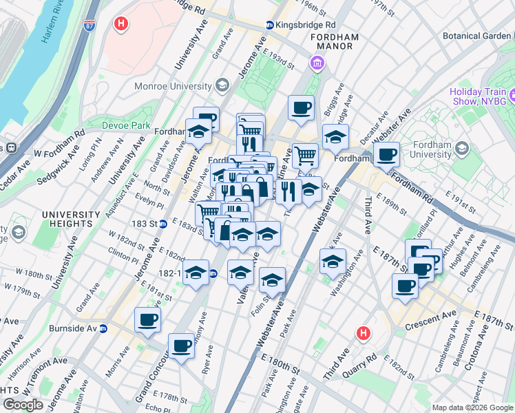 map of restaurants, bars, coffee shops, grocery stores, and more near in The Bronx