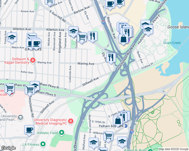 map of restaurants, bars, coffee shops, grocery stores, and more near 1824 Stillwell Avenue in Bronx