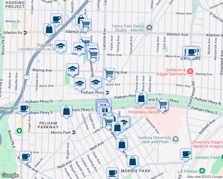map of restaurants, bars, coffee shops, grocery stores, and more near in The Bronx