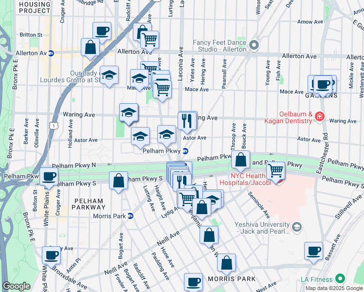 map of restaurants, bars, coffee shops, grocery stores, and more near in The Bronx