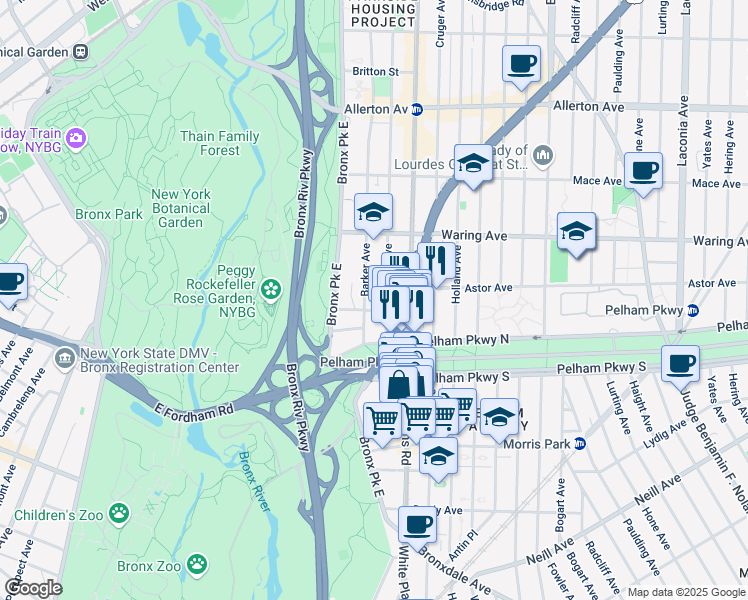map of restaurants, bars, coffee shops, grocery stores, and more near 660 Thwaites Place in Bronx
