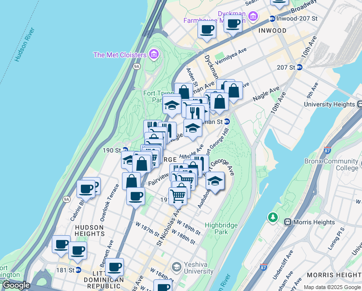map of restaurants, bars, coffee shops, grocery stores, and more near 64 Hillside Avenue in New York