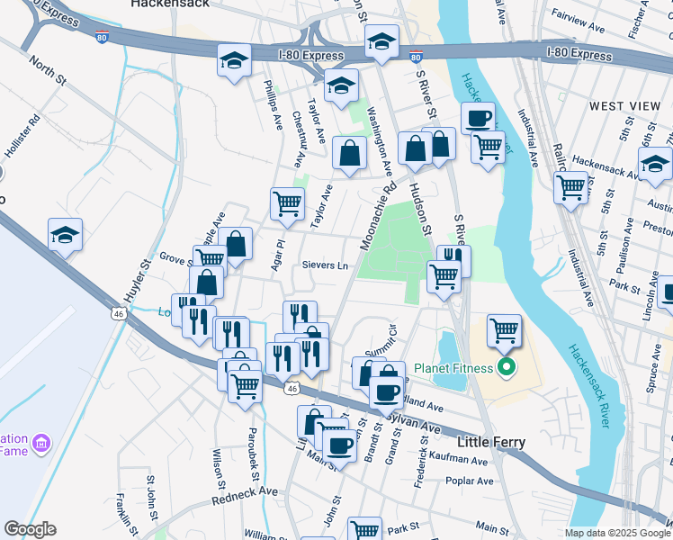 map of restaurants, bars, coffee shops, grocery stores, and more near 453 Liberty Street in Little Ferry