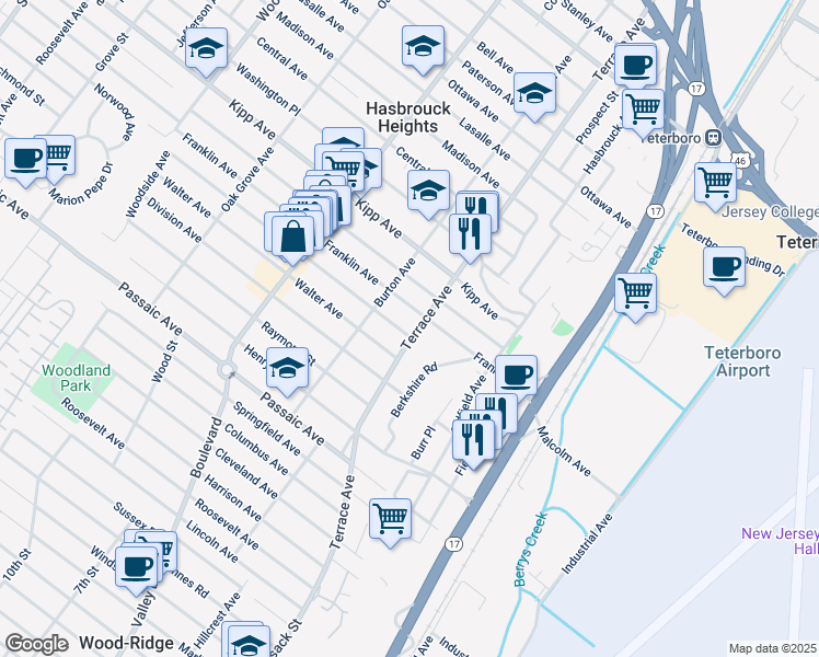 map of restaurants, bars, coffee shops, grocery stores, and more near 202 Terrace Avenue in Hasbrouck Heights