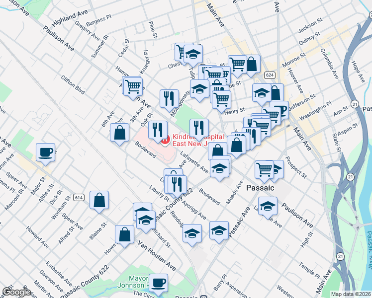 map of restaurants, bars, coffee shops, grocery stores, and more near 15 Crescent Place in Passaic