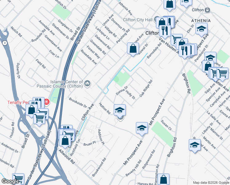 map of restaurants, bars, coffee shops, grocery stores, and more near 72 Donna Drive in Clifton
