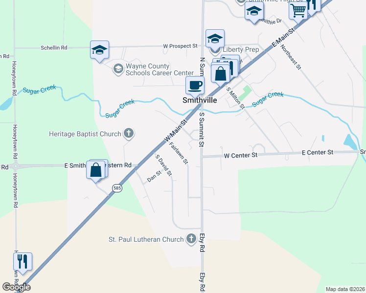 map of restaurants, bars, coffee shops, grocery stores, and more near in Smithville