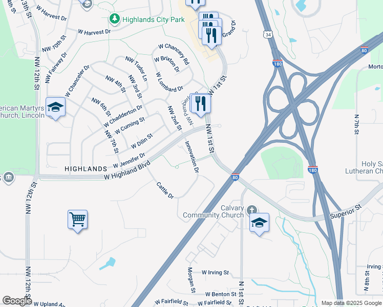 map of restaurants, bars, coffee shops, grocery stores, and more near 4701 Innovation Dr in Lincoln