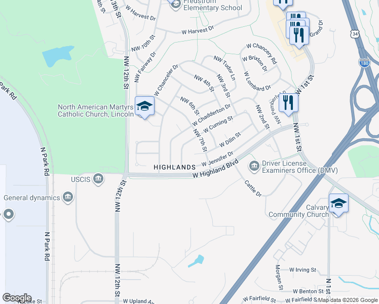 map of restaurants, bars, coffee shops, grocery stores, and more near 730 West Jennifer Drive in Lincoln