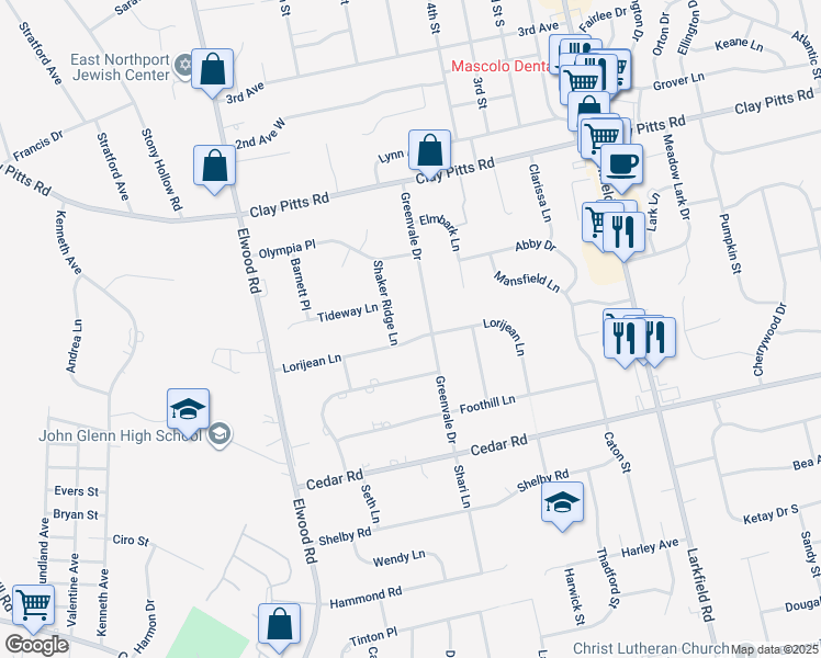 map of restaurants, bars, coffee shops, grocery stores, and more near 28 Lorijean Lane in East Northport