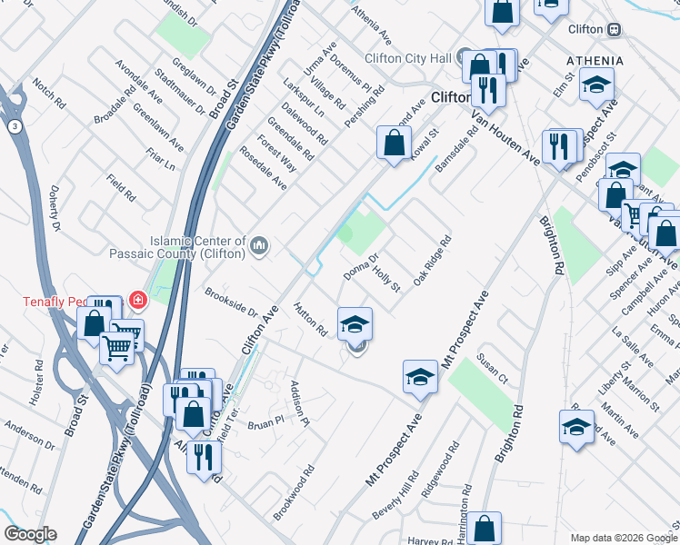 map of restaurants, bars, coffee shops, grocery stores, and more near 72 Donna Drive in Clifton