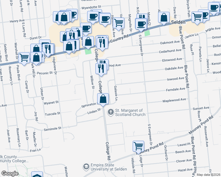 map of restaurants, bars, coffee shops, grocery stores, and more near 7 Ambassador Lane in Selden