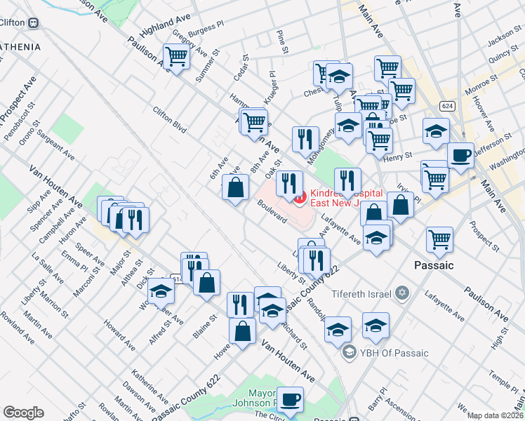 map of restaurants, bars, coffee shops, grocery stores, and more near 104 Linden Street in Passaic